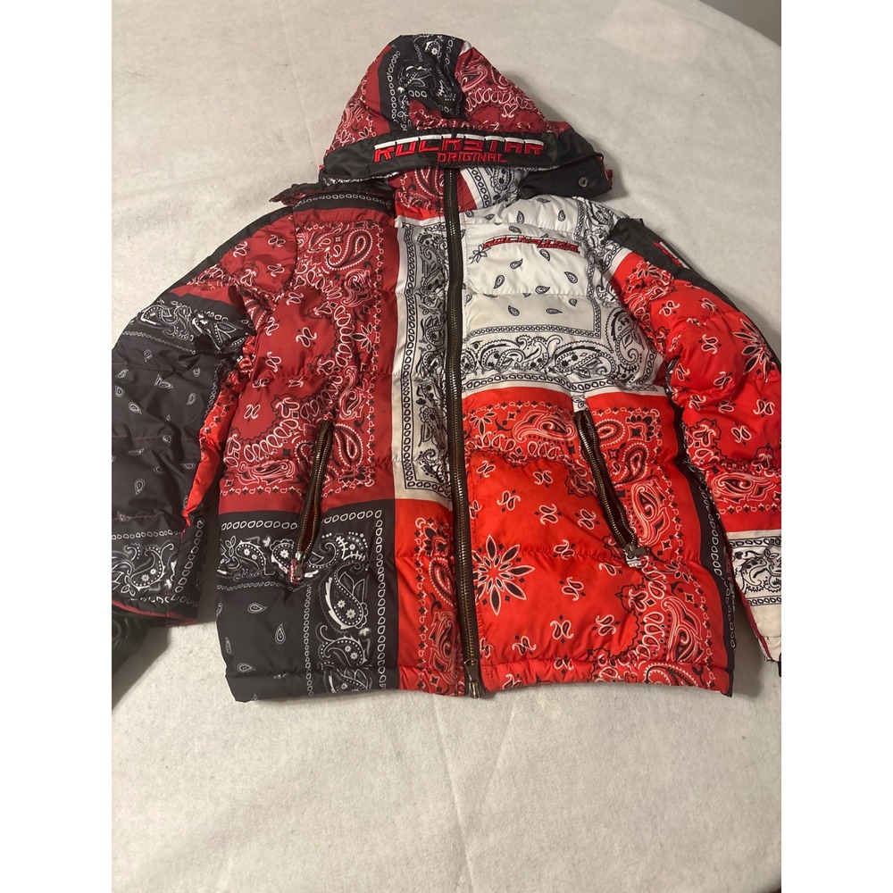 Rockstar Original Puffer Jacket Mens Medium Red Bandana Paisley Patchwork Hooded